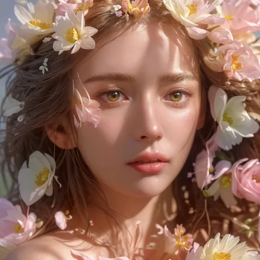 Prompt: Portrait of beautiful woman created from flowers we can see flowers on her hair..
,  extreme details, highly detailed,, ,ultra HD,  Very Good quality 
, Photorealistic.   photographic, fine texture, photorealistic,Ultra Realistic, High quality, Highly detailed,majestic, dramatic lighting clear photo raw. aestic