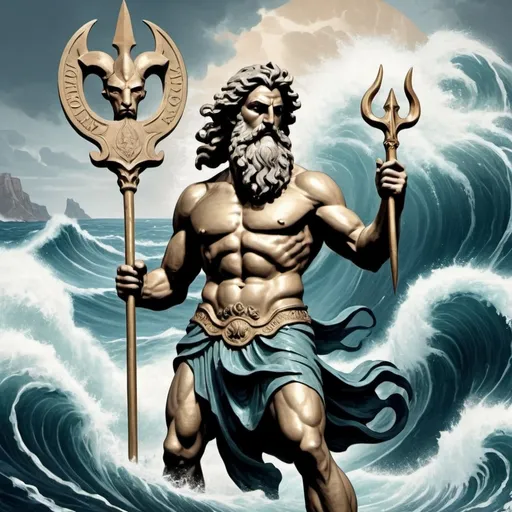 Prompt: An honorable Greek god, holding a trident in front of a turbulent sea with crashing waves, with a beard like Poseidon. There is a plaque below the god, inscribed with “DO WHAT IS RIGHT”