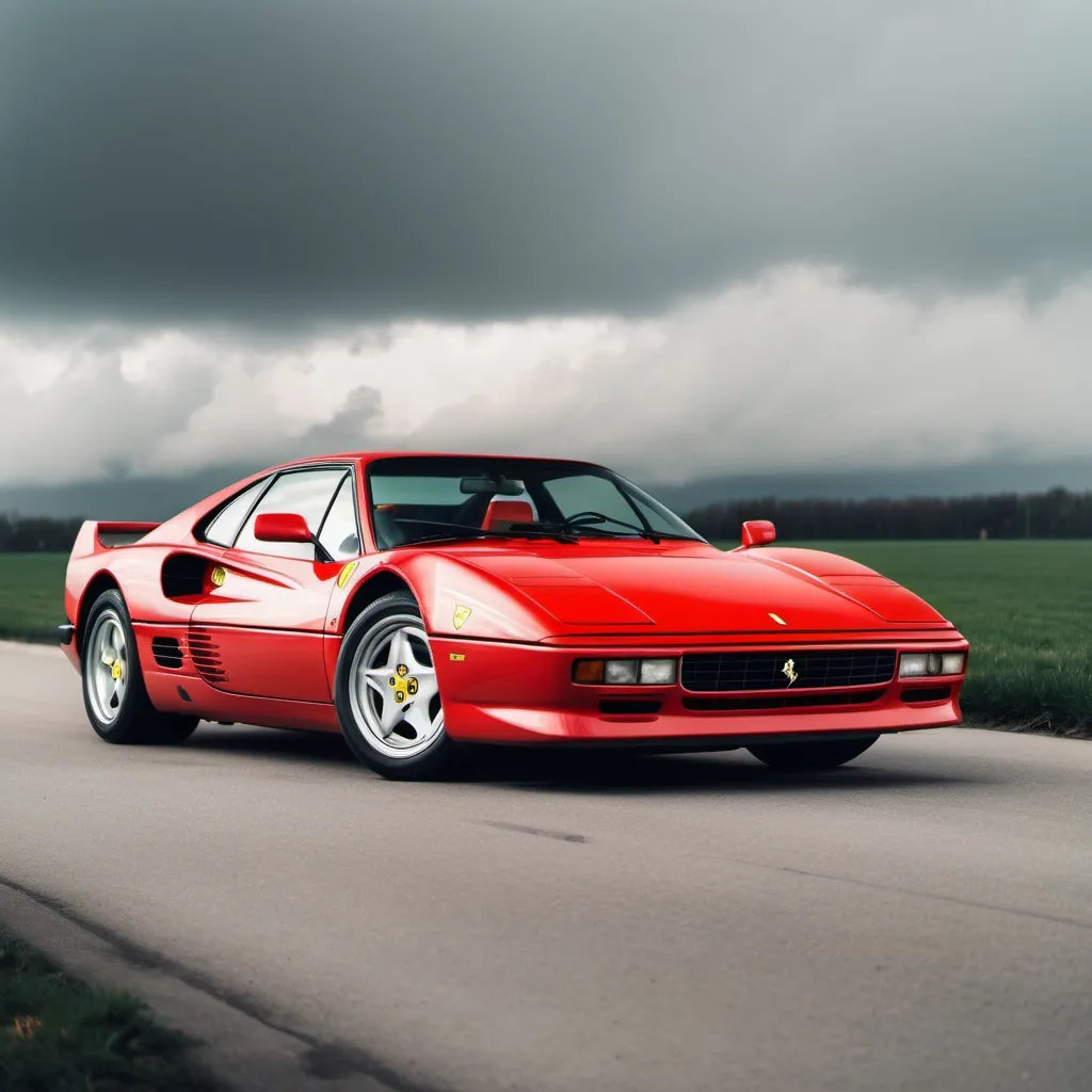 Prompt: an 80s red ferrari car in sunny cloudy day