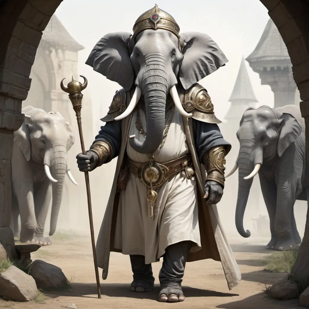 Prompt: loxodon; medieval; clockwork soul sorcerer; humanoid; elephant ears; grey skin; thin body type; holding a Wizard's staff in his right hand and a bag in his left hand;  fantasy; male; medieval clothing; ivory tusks"