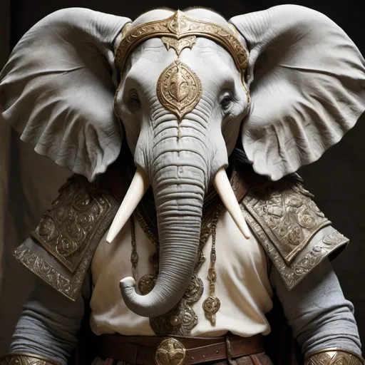 Prompt: loxodon; medieval; elephant ears; grey skin; epic; epic pose; fantasy; detailed face; detailed skin; male; Mix of modern and medieval clothing; ivory tusks"