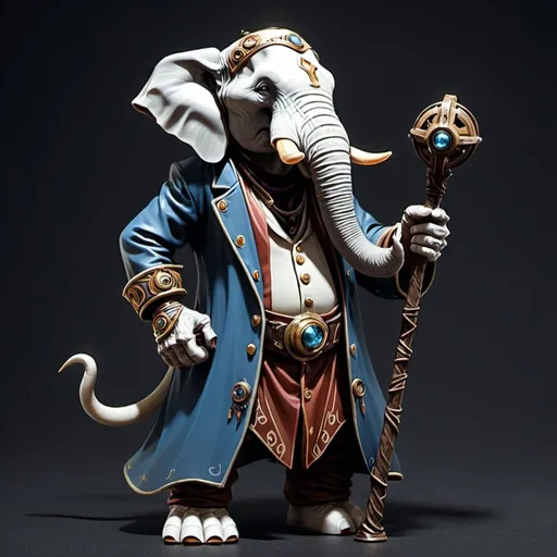 Prompt: Loxodon Clockwork Soul Sorcerer who is holding a staff
