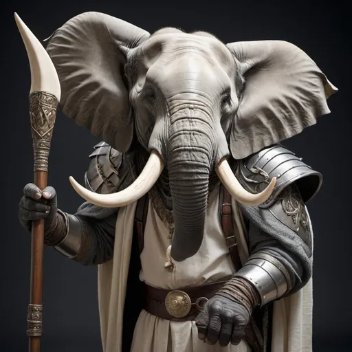 Prompt: loxodon; medieval; humanoid; elephant ears; grey skin; thin; holding quarterstaff in right hand; sorcerer; fantasy; male; Mix of modern and medieval clothing; ivory tusks"