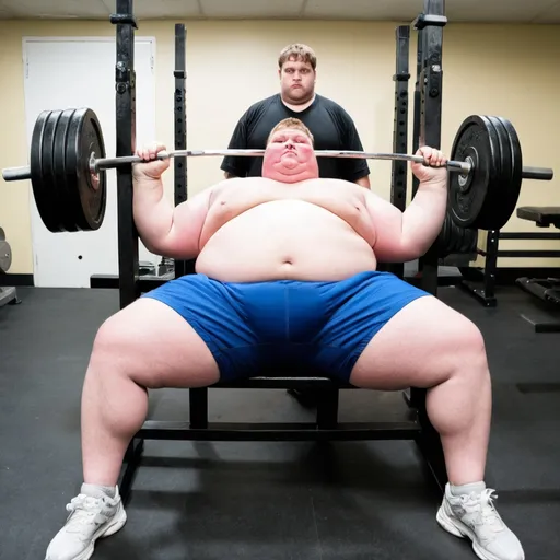 Prompt: Most obese person doing a bench press.