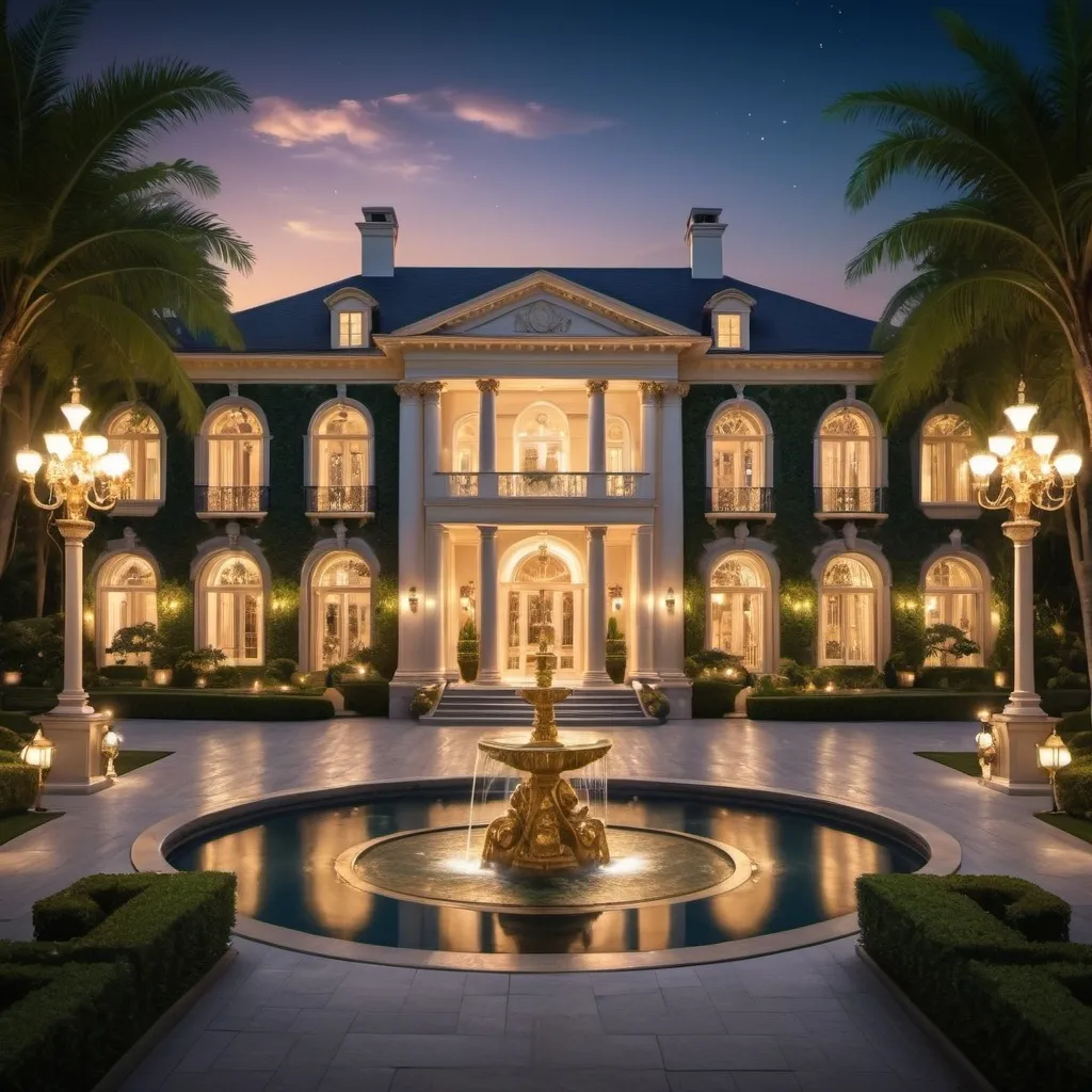 Prompt: Create a luxurious and opulent background image featuring a grand mansion surrounded by lush gardens. Include elements that symbolize wealth, such as stacks of gold coins, elegant fountains, luxury cars parked in the driveway, and sparkling chandeliers. The scene should exude an air of affluence and sophistication, without any humans present. Night and no pool or water