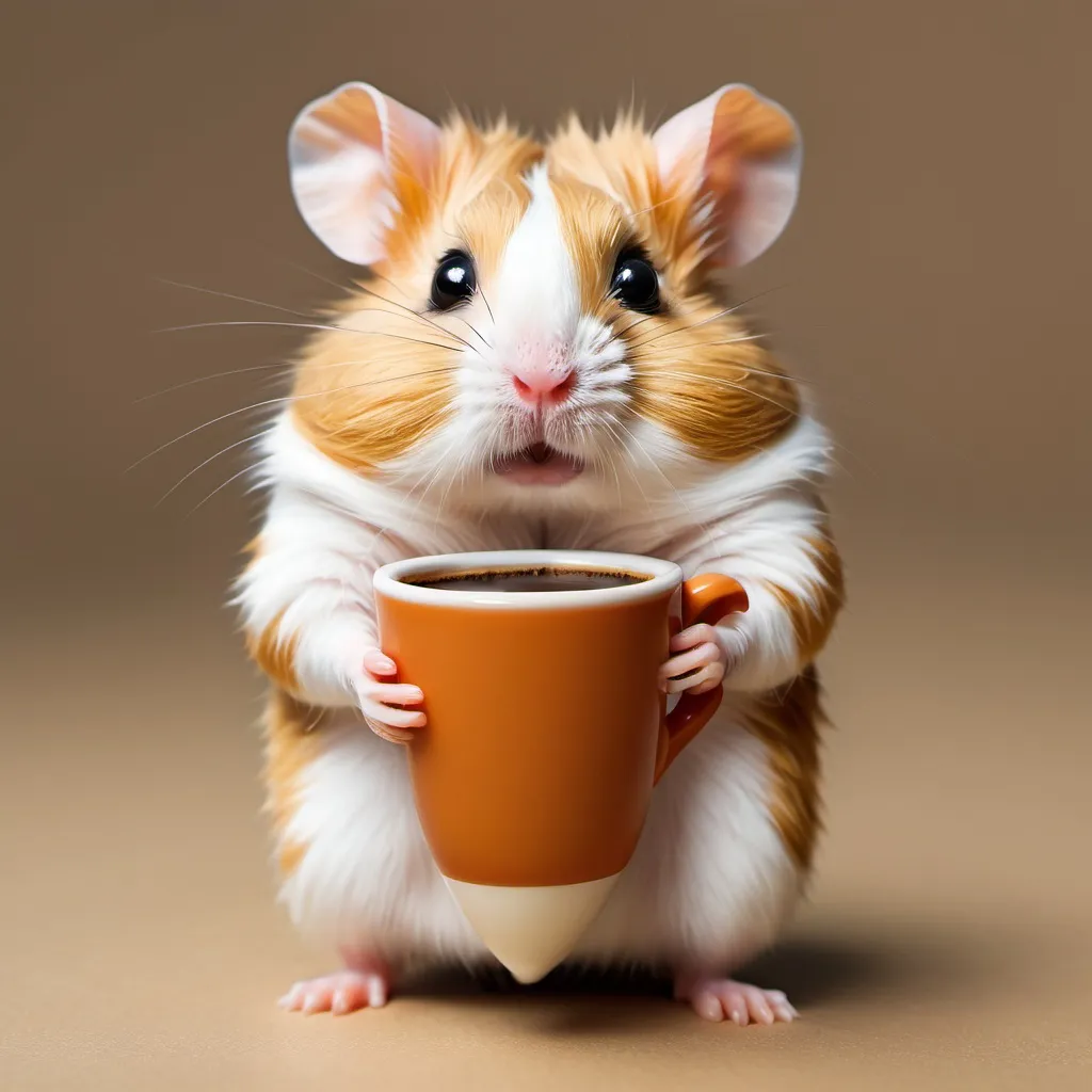 Prompt: a hamster skinnier SKINIER holding a small cup of coffee