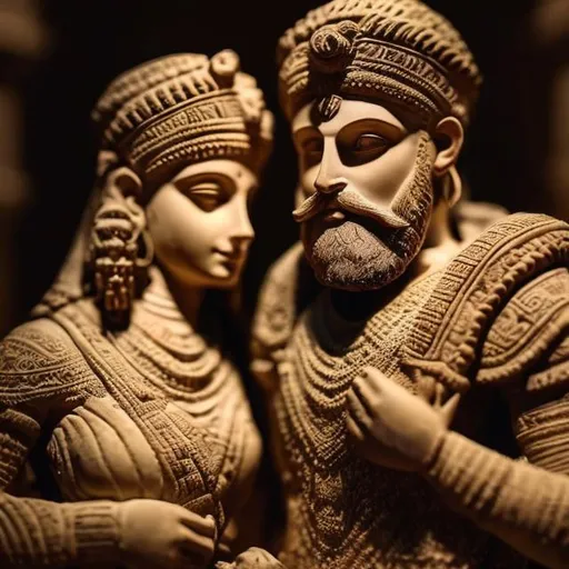 Prompt: Assyrian couple, ancient sculpture style, detailed clothing and jewelry, warm earthy tones, soft warm lighting, high quality, detailed sculpture, ancient civilization, intricate patterns, noble expression