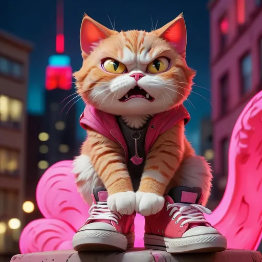 Prompt: (cute cat), sitting on oversized shoes, (artistic angry faces), illuminated by dramatic red and pink lights, vibrant city background, (cool theme), high depth lighting, urban atmosphere, whimsical vibe, (4K ultra-detailed), playful expression, stylized cityscape, nocturnal ambiance.