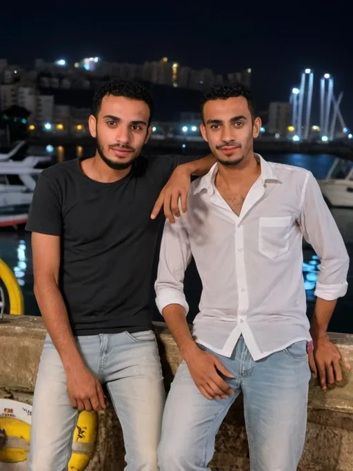 Prompt: two men standing next to each other near a marina at night time with boats in the background and a city in the distance, Fathi Hassan, neoplasticism, denoised, a photocopy