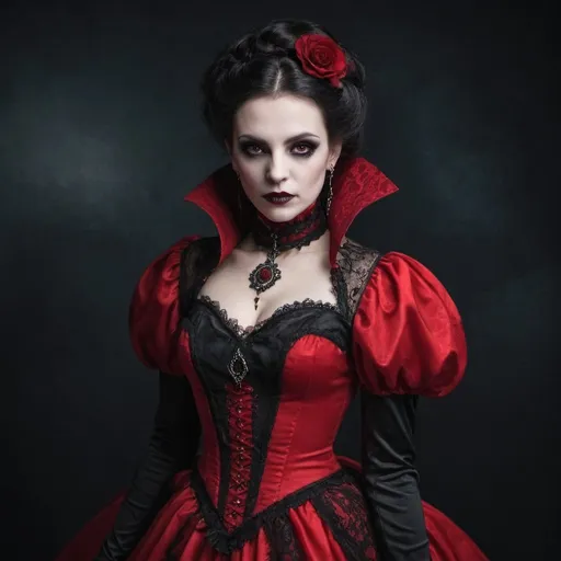 Prompt: elegant vampire woman in red and black tones and victorian dress