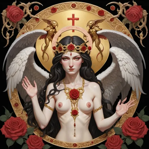 Prompt: (Eastern Orthodox iconography), (visual representation of Lucifer and Lilith), subdued color palette, radiant gold accents, fantastical imagery, ethereal quality, Lilith entwined in chains, roses blooming from her limbs, hidden babies nestled within petals, tortured Lucifer, wingless and burned, profound symbolism of oppression and rebirth, intricate halo and religious motifs, stark contrast between light and dark, ultra-detailed, high-quality craftsmanship.