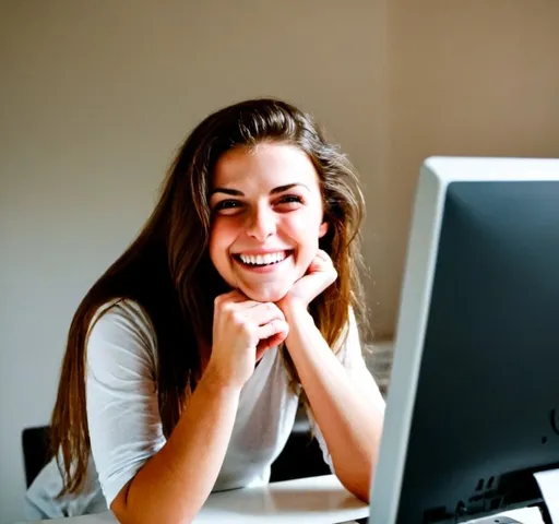 Prompt: happy brown-haired girl sitting on her pc