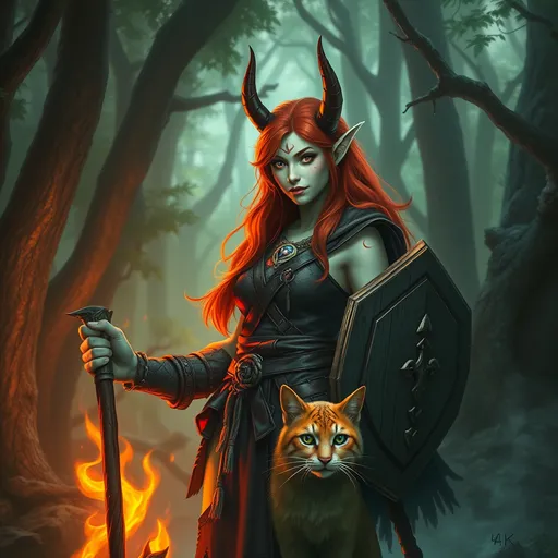 Prompt: female Firbolg character portrait, (light green skin), (red hair), wearing (simple leather armor), holding a (wooden staff) in one hand and a (simple wooden shield) in the other, (burn scars) on left side of her body, set in a mystical forest, glowing with enchanting light, (a fire cat) at her feet, highly detailed, magical atmosphere, (vibrant colors), 4K, (ultra-detailed).