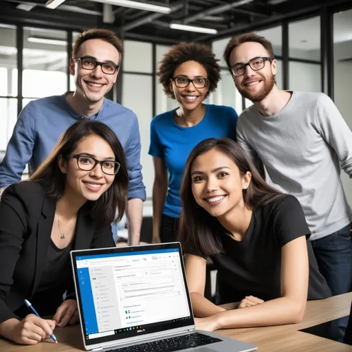 Prompt: microsoft software engineers happy after submitting their self assessment which is referred to as "connect". The image need to include a web page with the writing "connect" at the head of the page. The image must show the web page with the "connect" in the title.