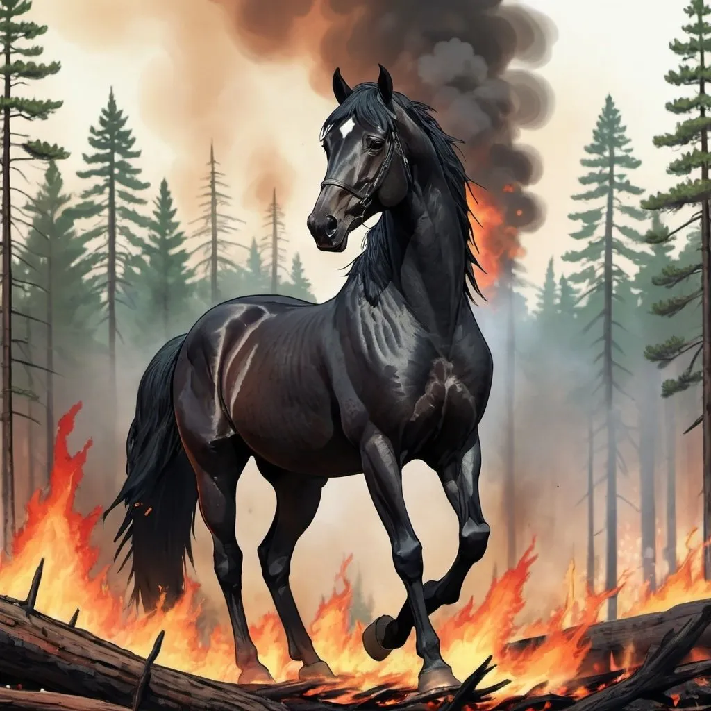 Prompt: A black horse with a large Maine standing strong on two legs in front of a forest fire with pine trees burning in the background. Make the art style an anime still
