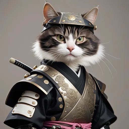 Prompt: a black and white photo of a cat dressed as a samurai, a portrait, by Tosa Mitsunobu, steampunk era, benjamin vnuk, discovered photo, chie yoshii, ferret warrior, set photo, # 0 1 7 9 6 f, wearing a black noble suit, full body close-up shot, traditional, anime, drawline art, insane details.