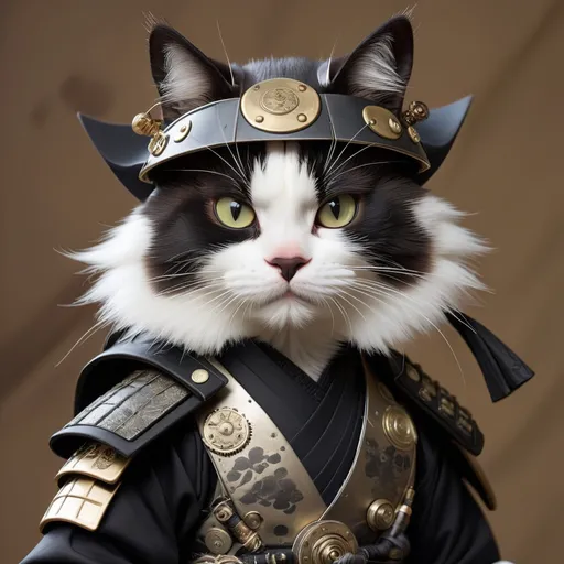 Prompt: a black and white photo of a cat dressed as a samurai, a portrait, by Tosa Mitsunobu, steampunk era, benjamin vnuk, discovered photo, chie yoshii, ferret warrior, set photo, # 0 1 7 9 6 f, wearing a black noble suit, full body close-up shot, traditional, anime, drawline art, insane details.