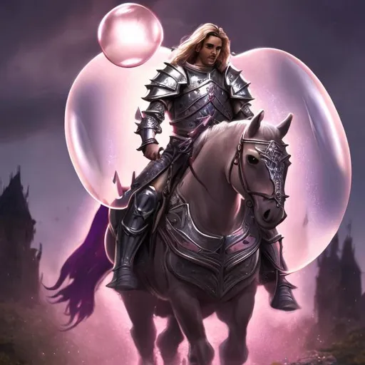 Prompt: Male Paladin riding heroically, pinkish armor, magic bubble around torso, horse, small flower, 15 allies, saving action, detailed armor, heroic pose, highres, fantasy, magical, pink tones, detailed horse, brave, medieval setting, epic lighting