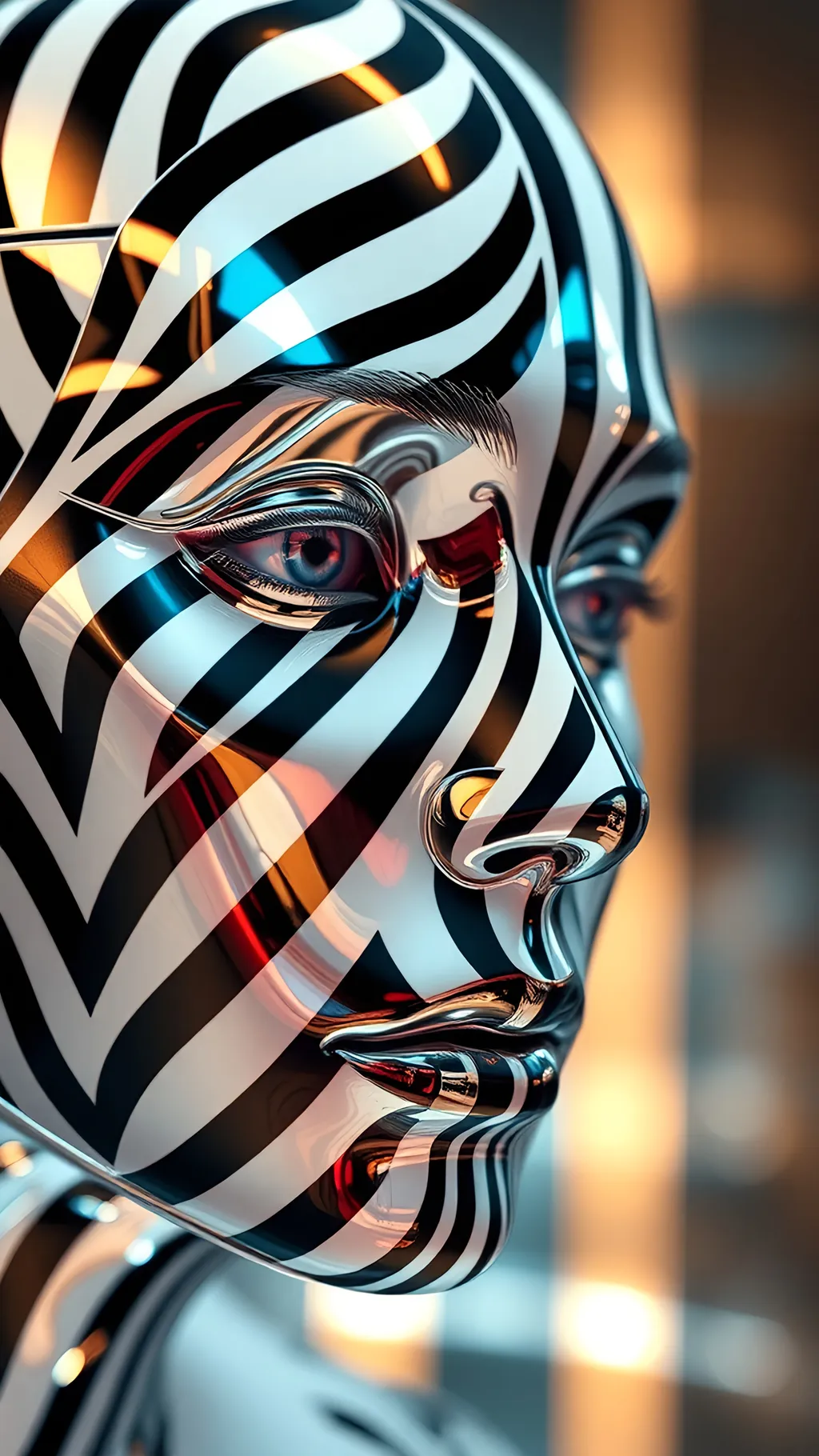 Prompt: Digital art of a face patterned with black and white stripes, where the surface mirrors chrome reflections. The scene is enhanced by quantum wavetracing, offering a unique visual experience. The backdrop blends light bronze and dark blue, alluding to a multimedia installation with strong futurist influences. Certain features stand out with selective focus.