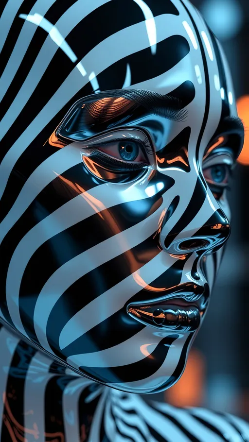 Prompt: Digital art of a face patterned with black and white stripes, where the surface mirrors chrome reflections. The scene is enhanced by quantum wavetracing, offering a unique visual experience. The backdrop blends light bronze and dark blue, alluding to a multimedia installation with strong futurist influences. Certain features stand out with selective focus.