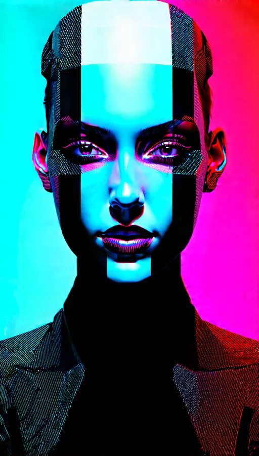 Prompt: Digital art of a (face) patterned with black and white stripes, where the surface mirrors chrome reflections. The image is enhanced by quantum raytracing, offering a unique visual experience. The backdrop blends aqua violet alloy and dark crimson alluding to a multimedia installation with strong futurist influences. Certain features stand out with selective focus.