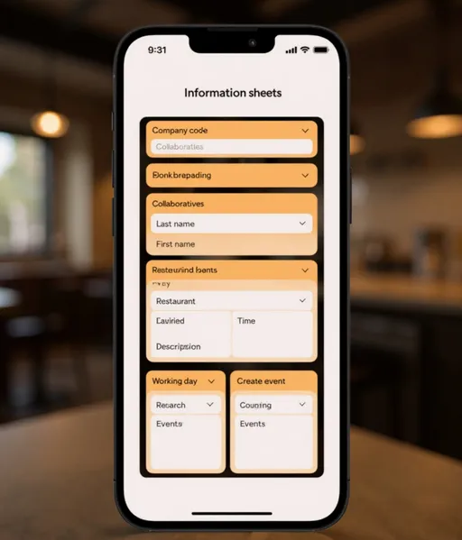 Prompt:
Cette image semble représenter un tableau de bord ou un menu principal de l'application. Au centre, un téléphone affiche plusieurs sections sont représentées par des rectangles oranges, organisant l'information :
En haut : "Fiches d'informations"
Ă€ gauche (verticalement) :
"Entreprise code"
"Collabateurs" (Collaborateurs) avec des champs "Nom", "Prénom", "Poste"
"Restaurant" avec des champs "Jour", "Description"
"Événements" avec des champs "Jour", "Heure", "Description"
Au centre, sous "Fiches d'informations" : "Recherches"
En bas :
"Jour de travail" (Ă gauche)
"Créer événement" (à droite)
Le fond est également une image floutée d'une cuisine, renforçant le thème de l l'application.