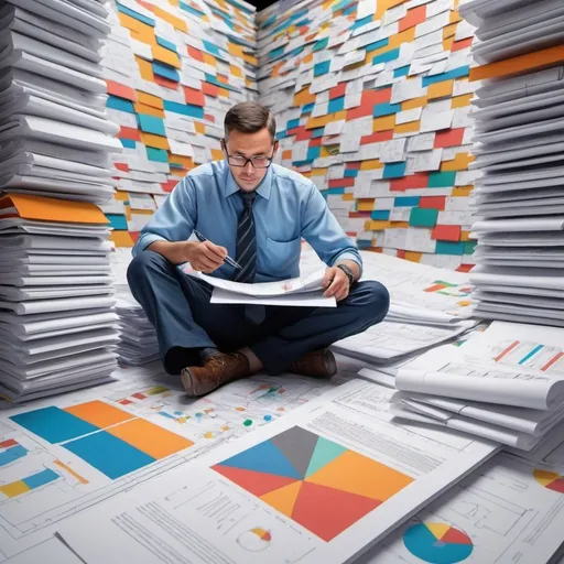 Prompt: Hyperrealistic scene where an engineer is sitting on top of million of technical design papers colorful diagrams all over every one of them and try to find the correct information but cannot find it