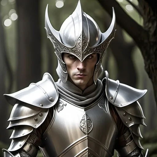 Prompt: uncoordinated and dorky elven guard in silver armor, his helmet should be too large for him