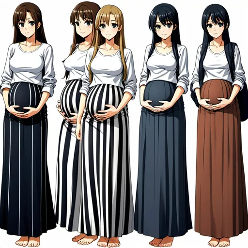 Prompt: Multiple pregnant barefooted long-straight haired anime girls who are wearing vertical striped maxi long skirt that are extremely long. The anime girls are also wearing long-sleeved buttoned white shirts.

The long maxi skirts have vertical striped patterns.

The anime girls are of short height.