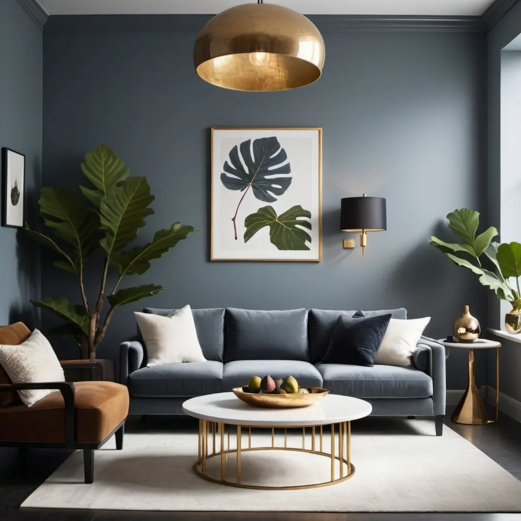 Prompt: sleek modern minimalist studio with grayish blue wall with industrial black gold lamps white gold couch and modern coffee table with large fig leaves 