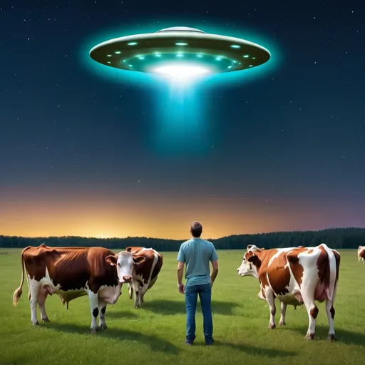 Prompt: A Man standing in a Cow Pasture at night starring and looking up at the Flying Saucer/ UFO that's glowing above him and about to beam him up. Beautiful colors of night sky. Funny Pic of cows laughing at him getting beamed up.