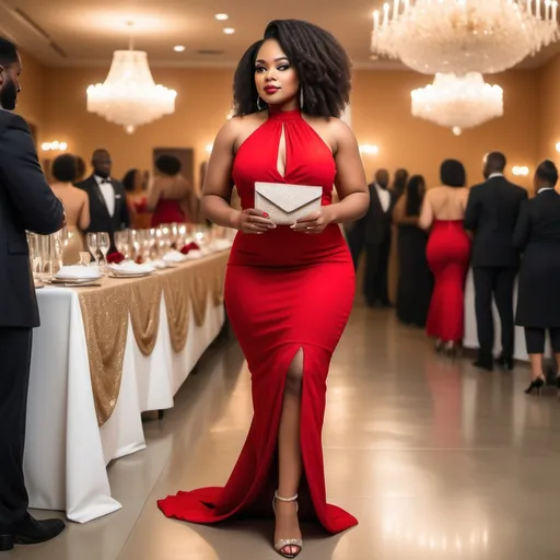 Prompt: Create a cinematic elegant African American woman with natural stylist hair dresses in a red elegant halter top dress and curvy fitted bottom long with high heels and glitter clutch bag. She is dressed for a banquet showing back of dress