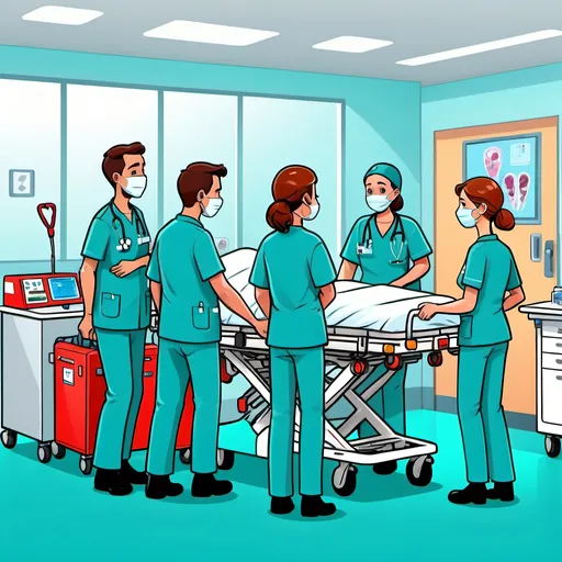 Prompt: Cartoon illustration of a rescue, hospital scene, ambulance arrival, medical team, concerned expressions, bright and colorful, cartoon style, detailed hospital equipment, professional care, emotional rescue, vibrant colors, cheerful atmosphere, high quality, cartoon, hospital setting, rescue scene, colorful, detailed medical equipment, professional care, emotional, vibrant, cheerful, bright