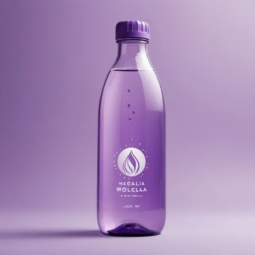 Prompt: diseñame una botella de agua color lila que contenga este logo
