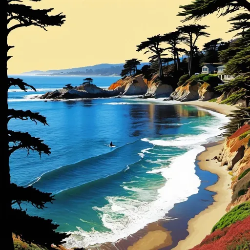 Prompt: carmel by the sea poster done in sunset magazine style of posterized. Beach with carmel river flowing out. cypress trees line the coast and pt lobos is in the distance. A killer whale breechs the water

