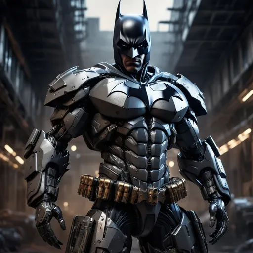 Prompt: Masterpiece, Batman full-body shot, intricate raw photography. Cyberpunk, realistic, highly detailed 3D rendering, top quality, masterpiece, ultra-high-resolution. Cowboy-themed photo, photorealistic (1.4), raw photo, official art, close-up, complex background, surreal, atmospheric, sinister, tank, dynamic angle, advanced cyber helmet, mecha, robot, armor, mechanical arms, exo-suit, science fiction, no humans, worn asymmetric clothing. Tactical oversized black hoodie, advanced black helmet, HUD, modern ultra-realistic style, Daft Punk-inspired cyber helmet, black tactical gloves, black techwear cargo pants, futuristic clothing, mohawk, punk, rebel, punk-rock, cinematic, sci-fi scene, synthwave, night, dark, intricate, futuristic, sharp, precise focus, aggressive pose, high-tech weapons, vibrant colors, serious, cyberpunk city, street neon lights, Insta-worthy photo, Photo of the Year, cinema4d, dramatic, lights and shadows, realistic visual effects, realistic Octane render, highest-quality photorealistic image