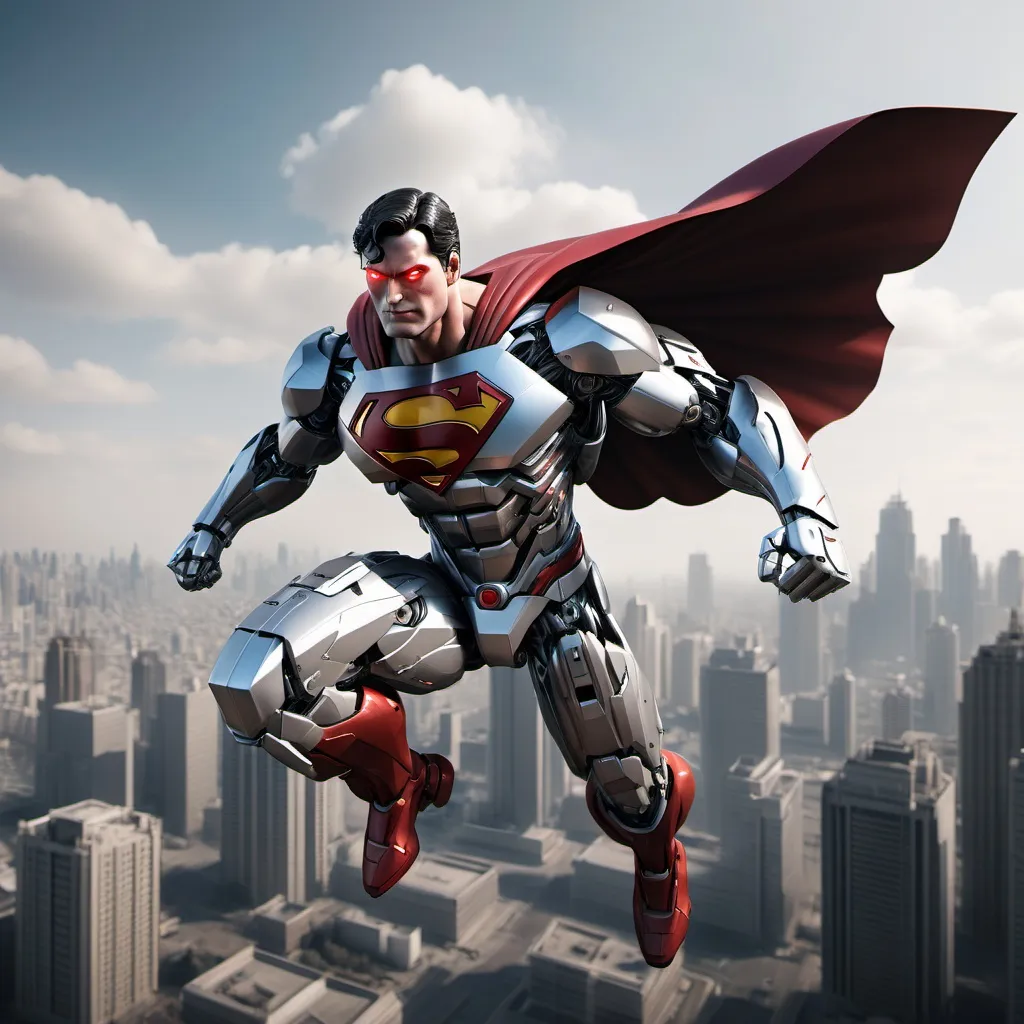 Prompt: Superman as Mecha with one red eye, flying over a city, full-body, cinematic render