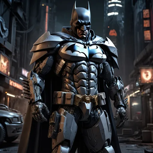 Prompt: Masterpiece, Batman full-body shot, intricate raw photography. Cyberpunk, realistic, highly detailed 3D rendering, top quality, masterpiece, ultra-high-resolution. Cowboy-themed photo, photorealistic (1.4), raw photo, official art, close-up, complex background, surreal, atmospheric, sinister, tank, dynamic angle, advanced cyber helmet, mecha, robot, armor, mechanical arms, exo-suit, science fiction, no humans, worn asymmetric clothing. Tactical oversized black hoodie, advanced black helmet, HUD, modern ultra-realistic style, Daft Punk-inspired cyber helmet, black tactical gloves, black techwear cargo pants, futuristic clothing, mohawk, punk, rebel, punk-rock, cinematic, sci-fi scene, synthwave, night, dark, intricate, futuristic, sharp, precise focus, aggressive pose, high-tech weapons, vibrant colors, serious, cyberpunk city, street neon lights, Insta-worthy photo, Photo of the Year, cinema4d, dramatic, lights and shadows, realistic visual effects, realistic Octane render, highest-quality photorealistic image