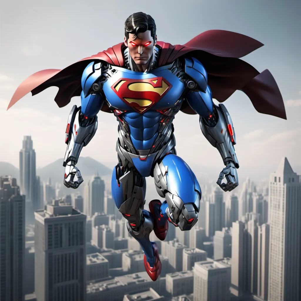 Prompt: Superman as Mecha with one red eye, flying over a city, full-body, cinematic render