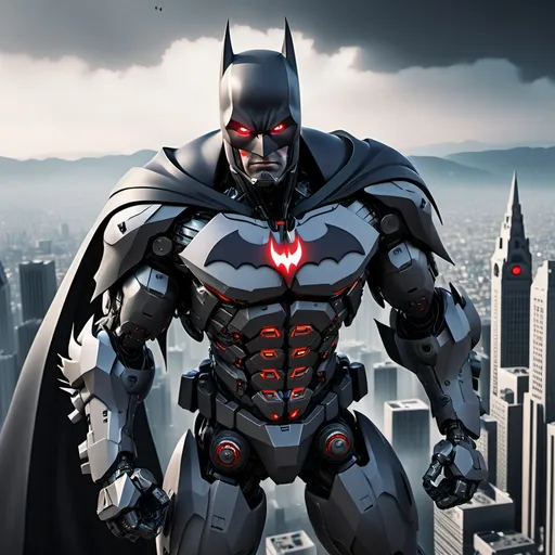 Prompt: Batman as Mecha with one red eye, flying over a city, full-body, cinematic render