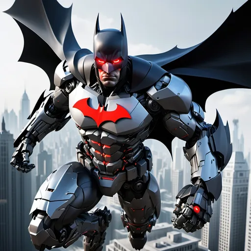 Prompt: Batman as Mecha with one red eye, flying over a city, full-body, cinematic render