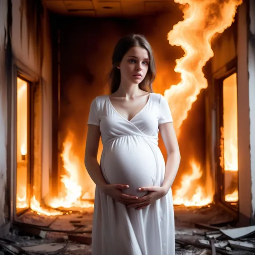 Prompt: young pregnant woman in white dress in burning building and flames around her