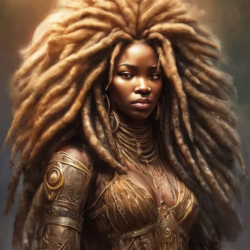 Prompt: African woman princess with dread-like lion's mane, human, majestic gown, high-quality, detailed, digital painting, fantasy, warm earthy tones, regal lighting, ornate details, ornamental, lioness, detailed fur, intricate patterns