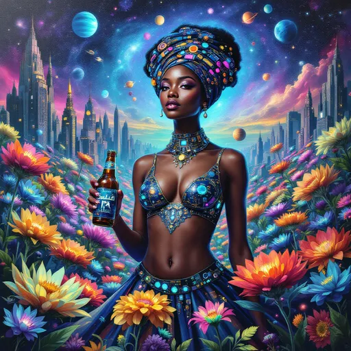 Prompt: A sci-fi art masterpiece featuring one woman who is multicultural, embraces the core of the universe; cosmos meets a flower garden in technicolor and the theme is beers + bots. 
