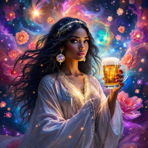 Prompt: A sci-fi art masterpiece featuring one woman who is multicultural, embraces the core of the universe; cosmos meets a flower garden in technicolor and the theme is beers + bots. 
