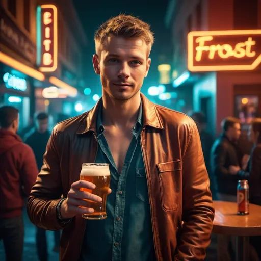 Prompt: (charming man), standing in front of a lively club, holding a frosty beer in his hand, urban nightlife ambiance, (warm colors) illuminating the scene, vibrant and cheerful atmosphere, modern building details, neon lights glowing in the background, (ultra-detailed) with captivating reflections, high-quality image.