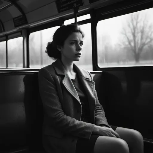 Prompt: Photo of woman sitting on a bus, dramatic in the style of Dirk Braeckman, B&W