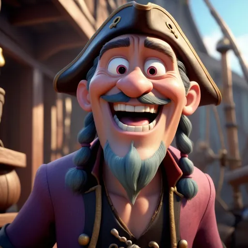 Prompt: Disney pixar character, 3d render style, old pirate evil laugh, cinematic colors