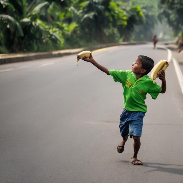 Prompt: boy throwing banana on road
