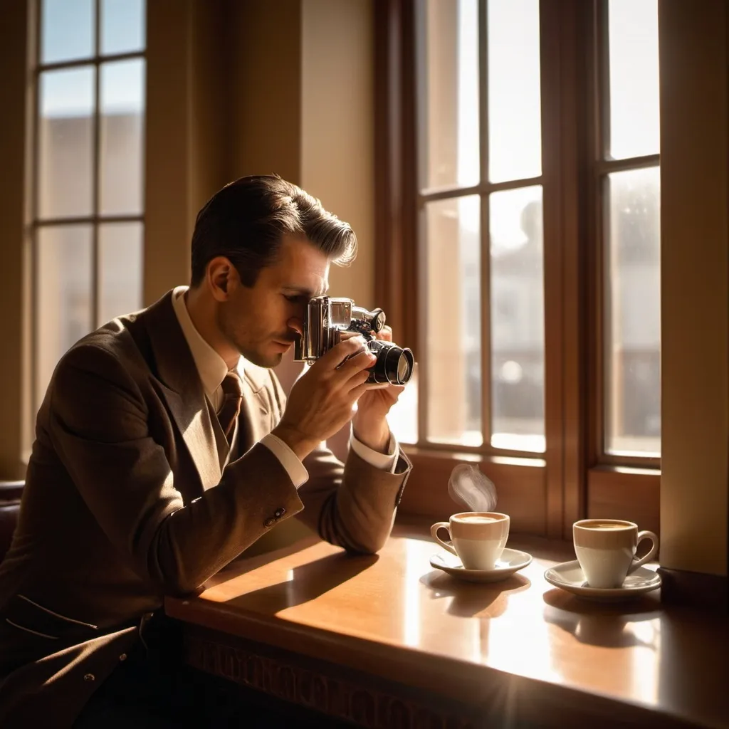 Prompt: Obsesses espresso aficionado taking pictures of his espresso in an Art Deco style. Morning setting with sunlight coming through the windows perfectly lighting the scene.